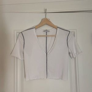 Women's Zara Trafaluc Short Sleeve V-neck Crop Top Shirt Size S White